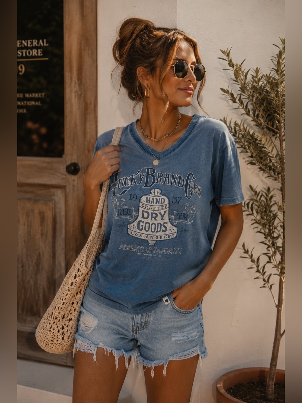 Lucky Brand Logo Short Sleeve V-Neck Tee Top Blue Indian Cotton